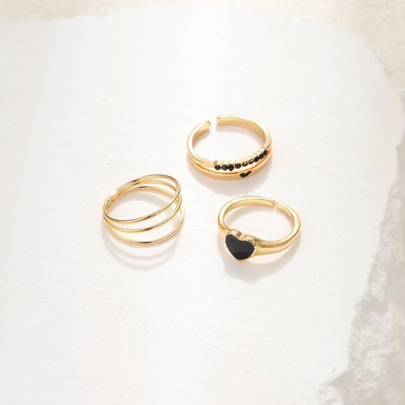 3/$35 Gold Heart Ring Set Minimalist Stackable Rings Black Enamel Accent Dainty - Picture 7 of 8